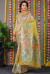 Regal Silver Zari Worked Vivid Yellow Heavy Banarasi Saree